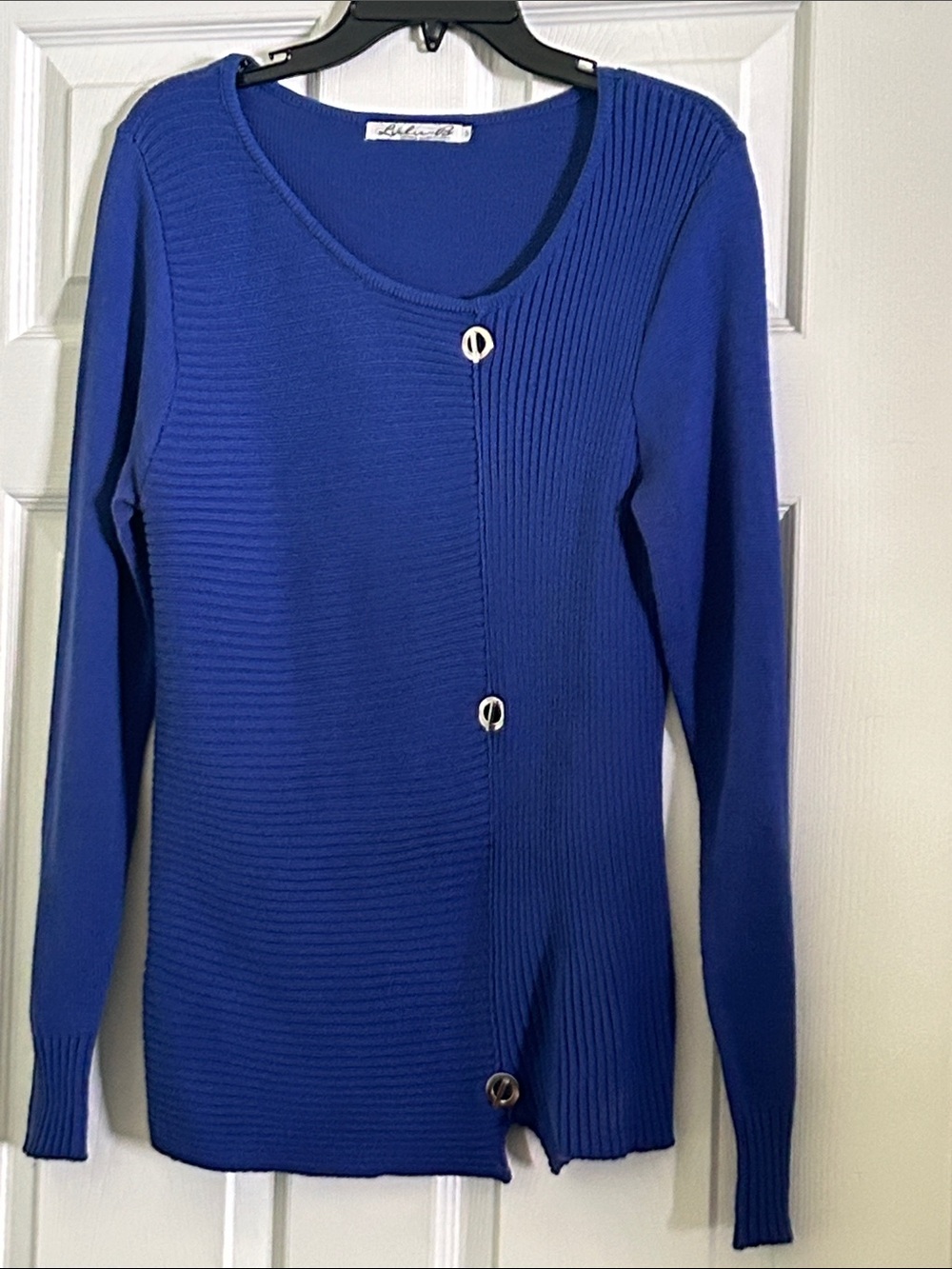 Lulu-B Cobalt Blue Ribbed Asymmetric Button Cardigan